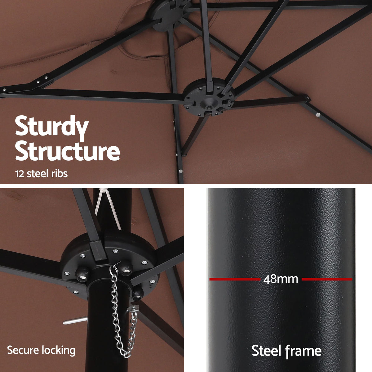 Instahut Outdoor Umbrella w/Base 4.57m Solar 48 LED Double-Sided Patio Parasol Brown Awezingly
