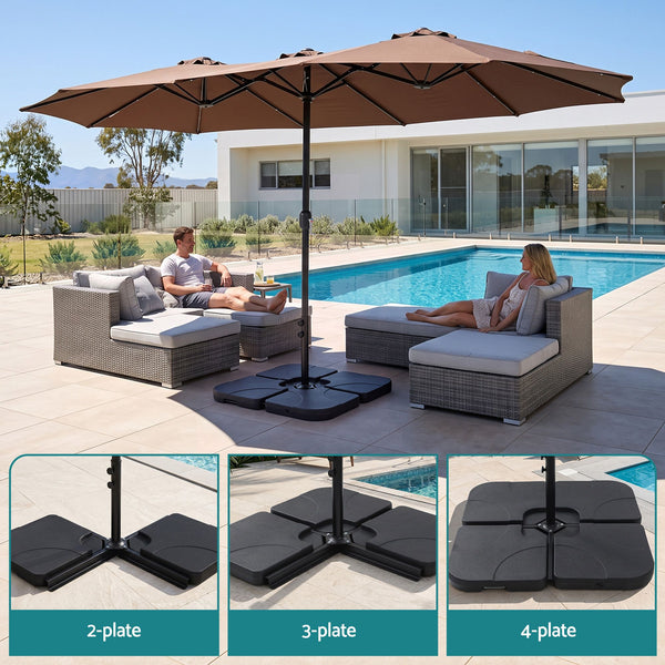 Instahut Outdoor Umbrella w/Base 4.57m Solar 48 LED Double-Sided Patio Parasol Brown Awezingly