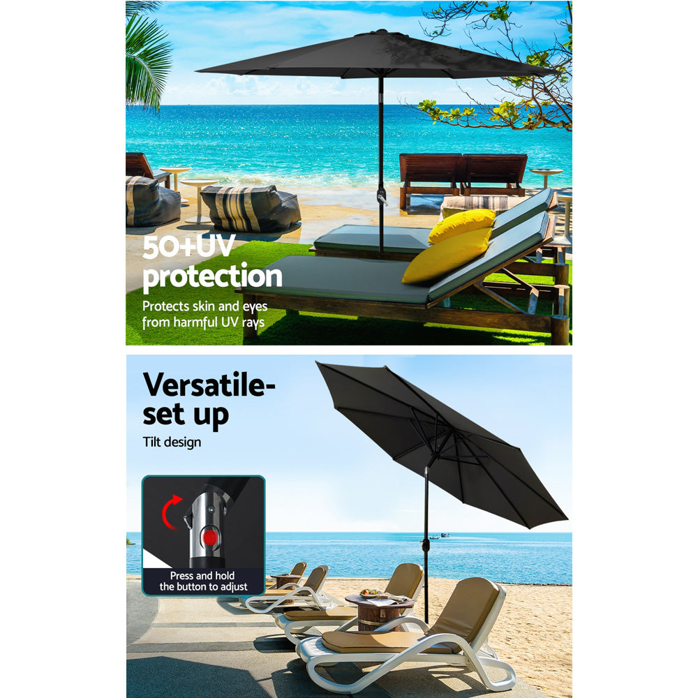 Instahut Outdoor Umbrella 2.7m Base Beach Pole Garden Tilt Sun Patio UV Black Awezingly