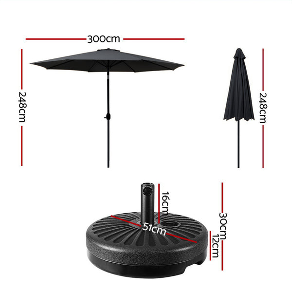 Instahut Outdoor Umbrella 3m Base Beach Pole Garden Tilt Sun Patio UV Black Awezingly