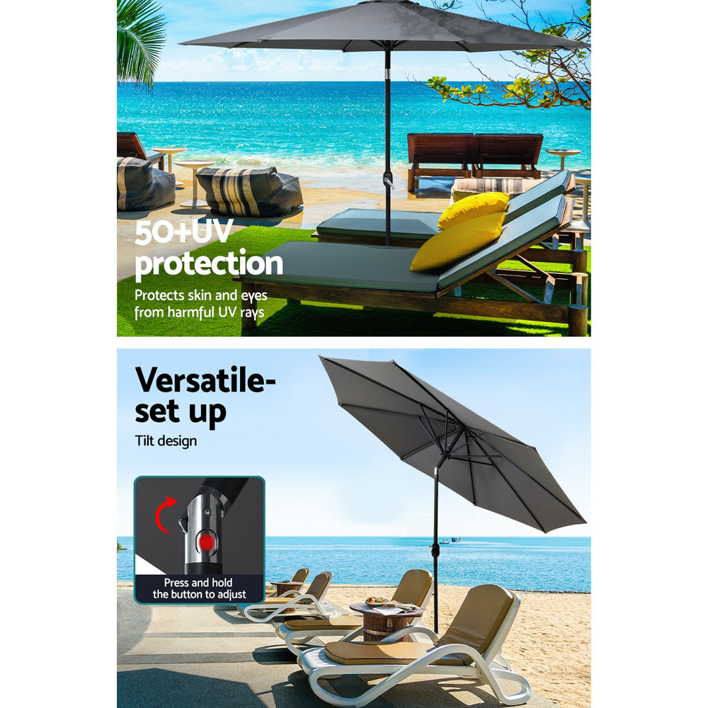 Instahut Outdoor Umbrella 3m Base Beach Pole Garden Tilt Sun Patio UV Charcoal Awezingly
