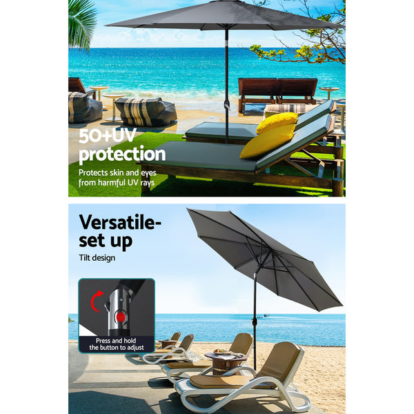 Instahut Outdoor Umbrella 3m Base Beach Pole Garden Tilt Sun Patio UV Charcoal Awezingly