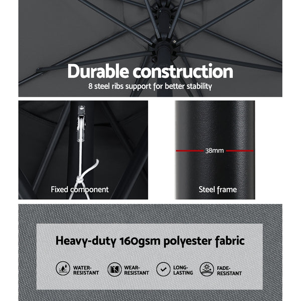 Instahut Outdoor Umbrella 3m Base Beach Pole Garden Tilt Sun Patio UV Charcoal Awezingly