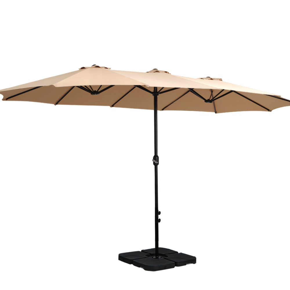 Instahut 4.57m Outdoor Umbrella w/Base Stand Beach Pole Garden Tilt Beige Awezingly