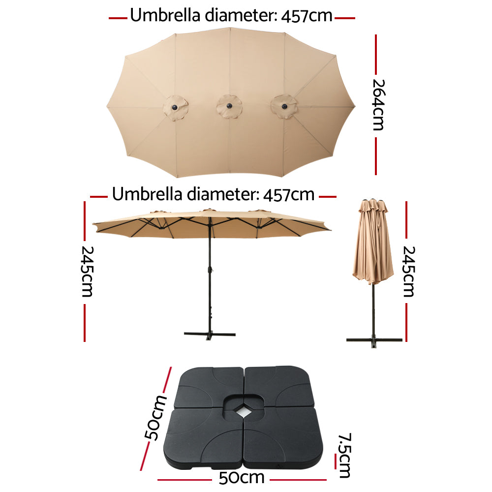 Instahut 4.57m Outdoor Umbrella w/Base Stand Beach Pole Garden Tilt Beige Awezingly