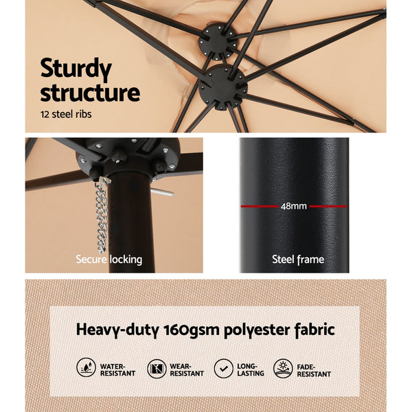 Instahut 4.57m Outdoor Umbrella w/Base Stand Beach Pole Garden Tilt Beige Awezingly