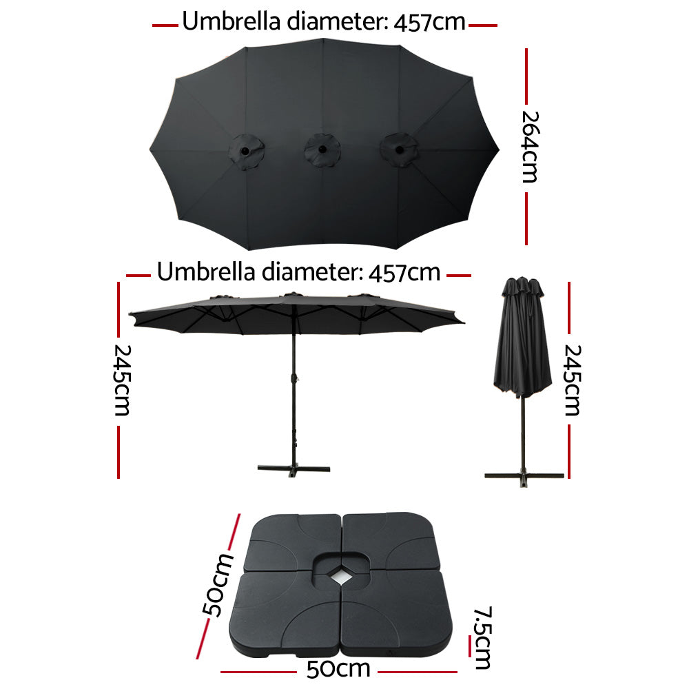Instahut 4.57m Outdoor Umbrella w/Base Stand Beach Pole Garden Tilt Black Awezingly