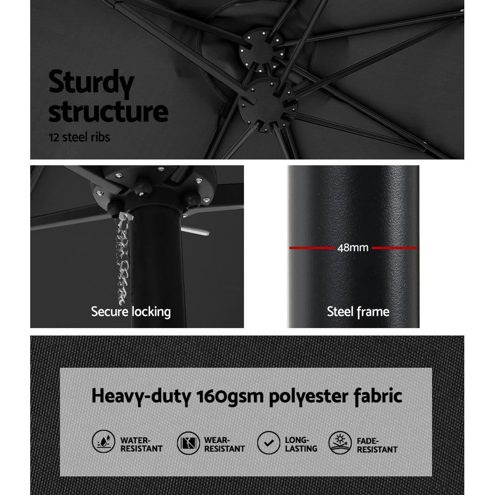 Instahut 4.57m Outdoor Umbrella w/Base Stand Beach Pole Garden Tilt Black Awezingly