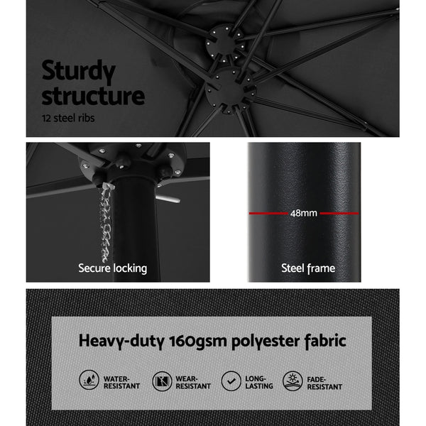 Instahut 4.57m Outdoor Umbrella w/Base Stand Beach Pole Garden Tilt Black Awezingly