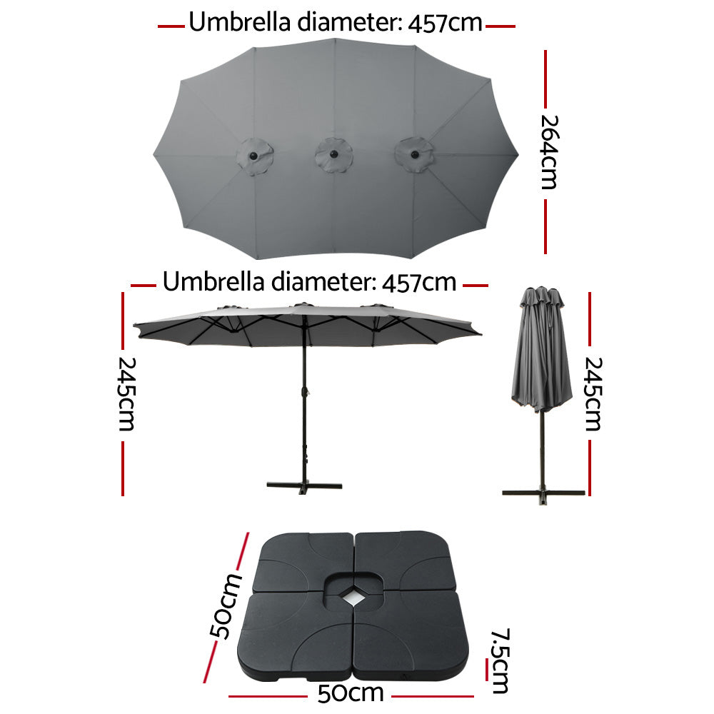 Instahut 4.57m Outdoor Umbrella w/Base Stand Beach Pole Garden Tilt Charcoal Awezingly
