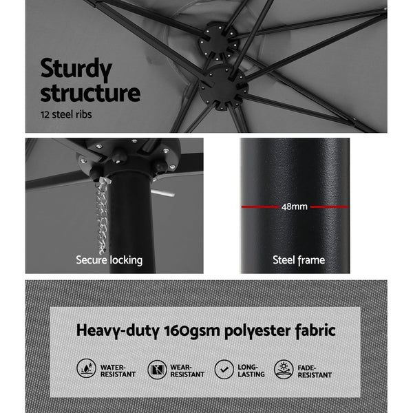 Instahut 4.57m Outdoor Umbrella w/Base Stand Beach Pole Garden Tilt Charcoal Awezingly