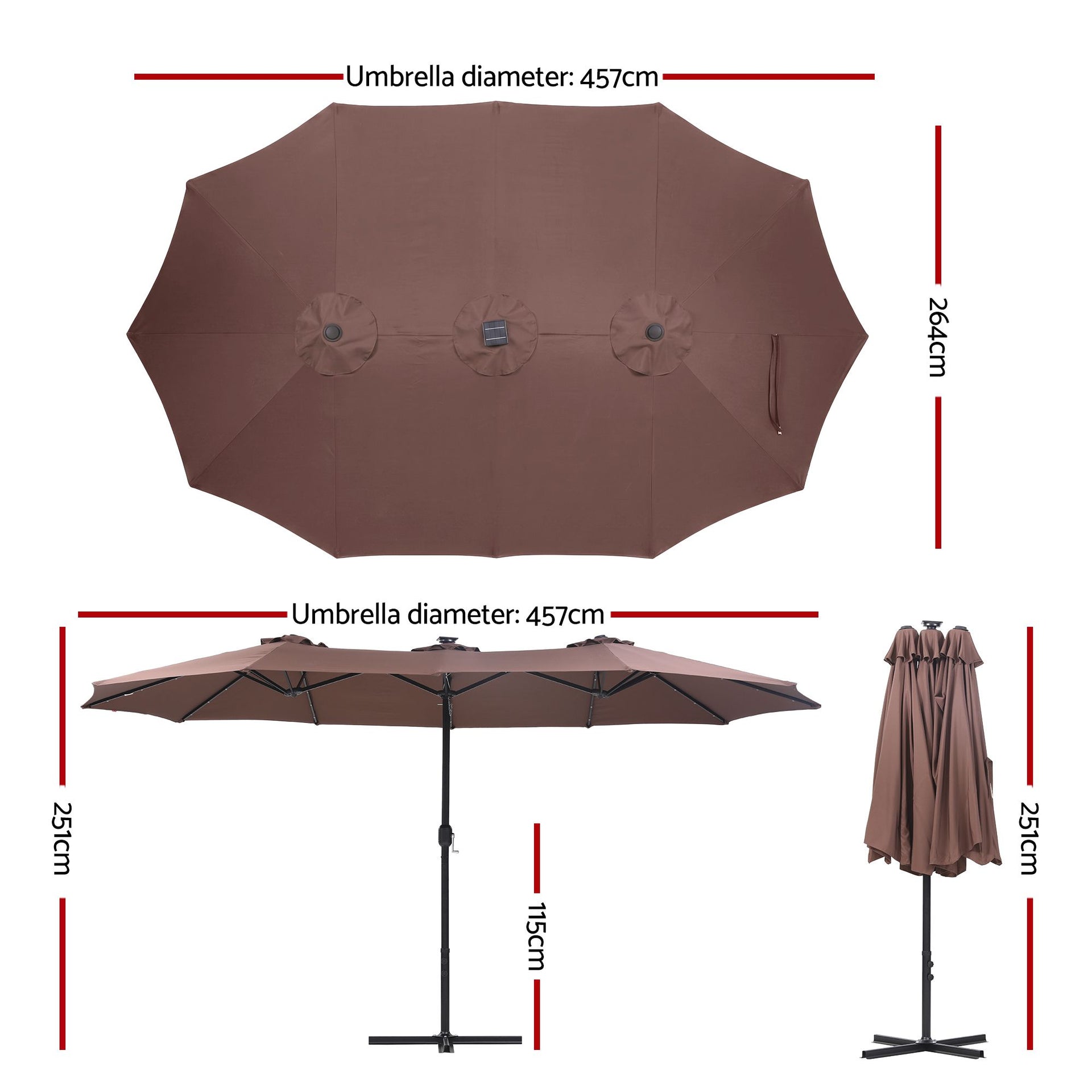 Instahut Outdoor Umbrella 4.57m Solar 48 LED Double-Sided Patio Parasol Brown Awezingly