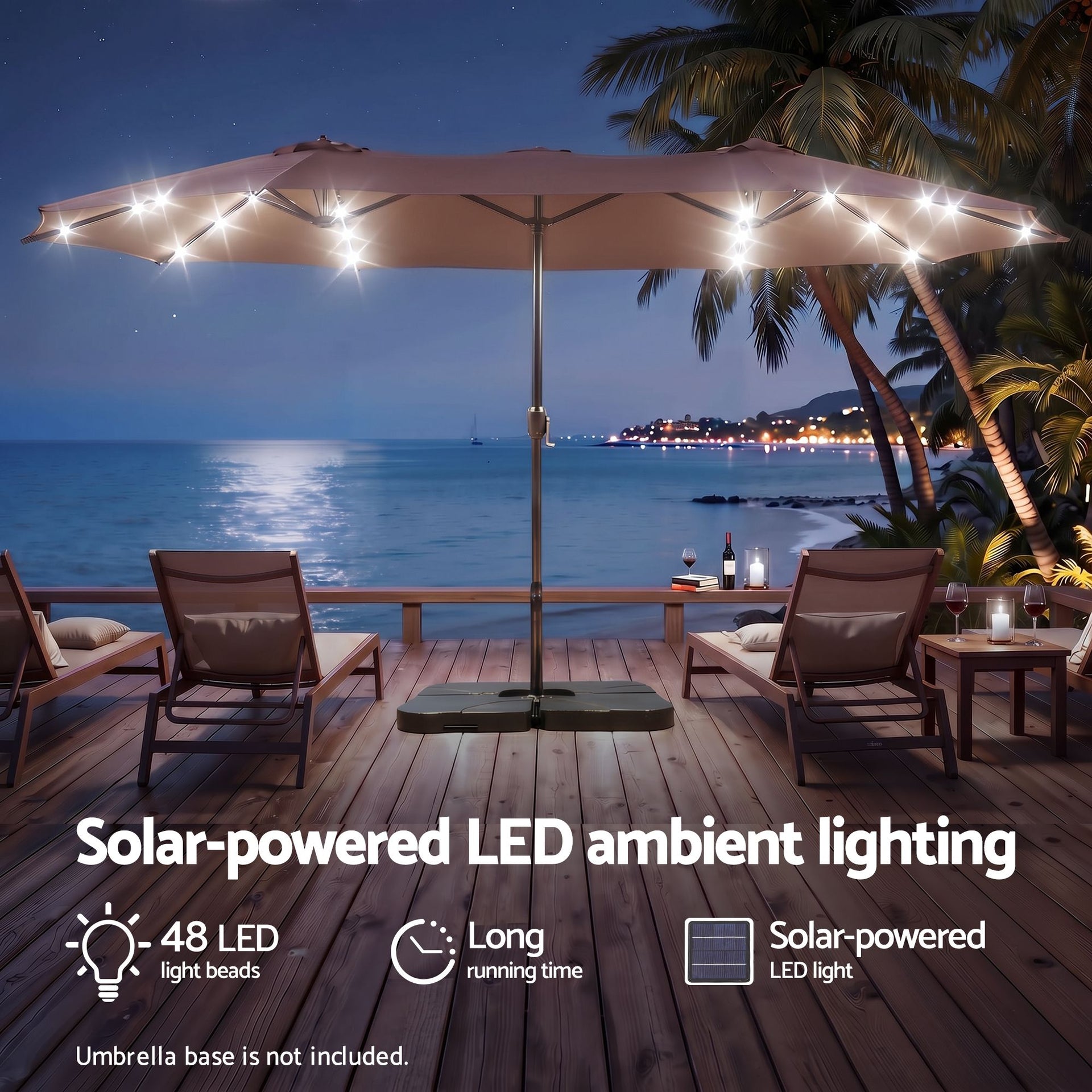 Instahut Outdoor Umbrella 4.57m Solar 48 LED Double-Sided Patio Parasol Brown Awezingly