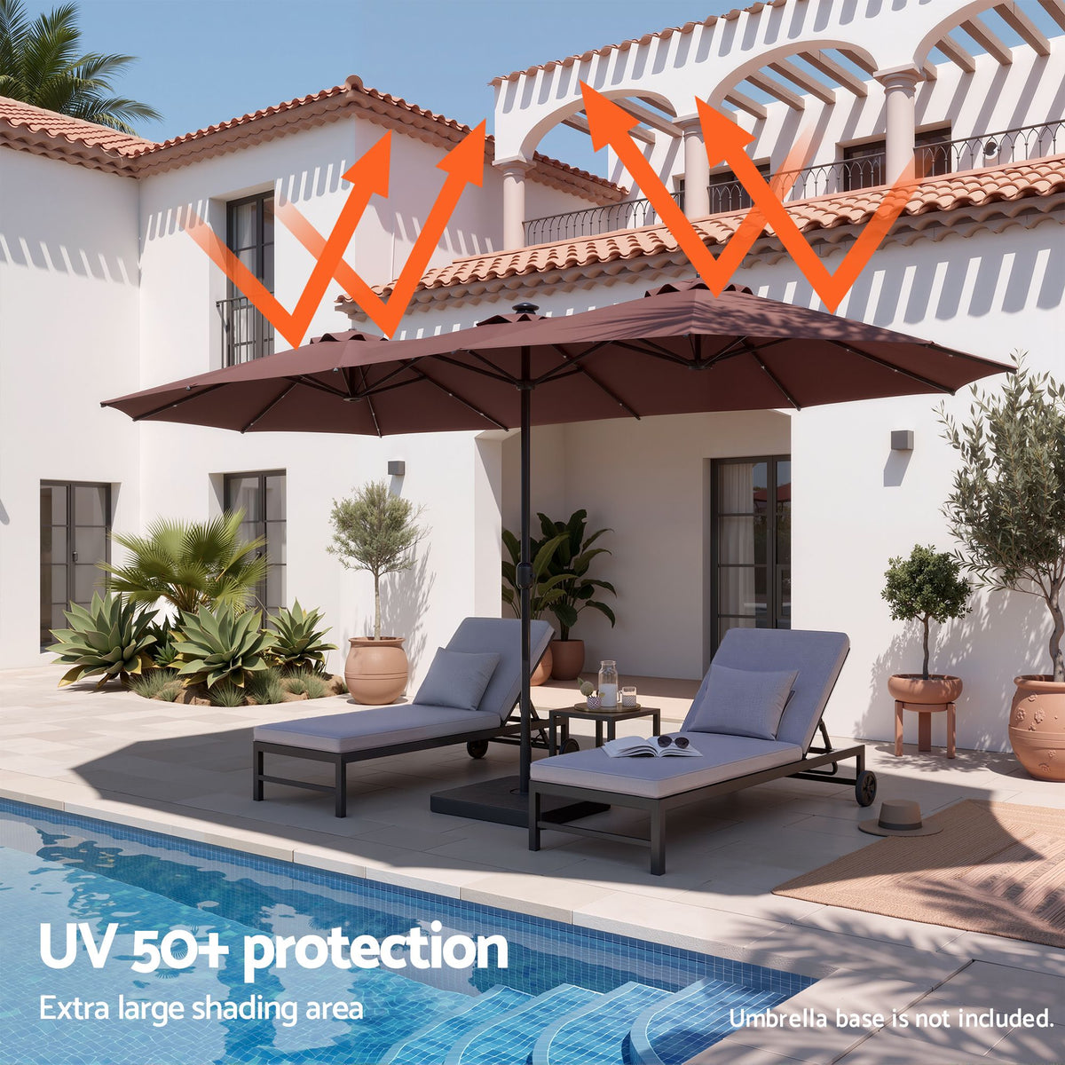 Instahut Outdoor Umbrella 4.57m Solar 48 LED Double-Sided Patio Parasol Brown Awezingly