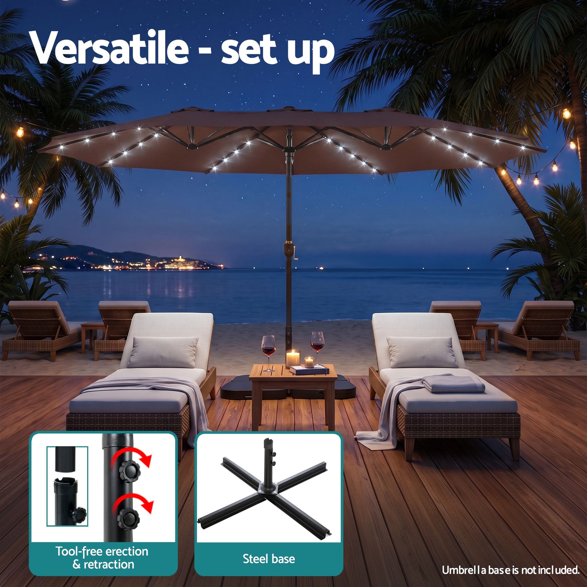 Instahut Outdoor Umbrella 4.57m Solar 48 LED Double-Sided Patio Parasol Brown Awezingly