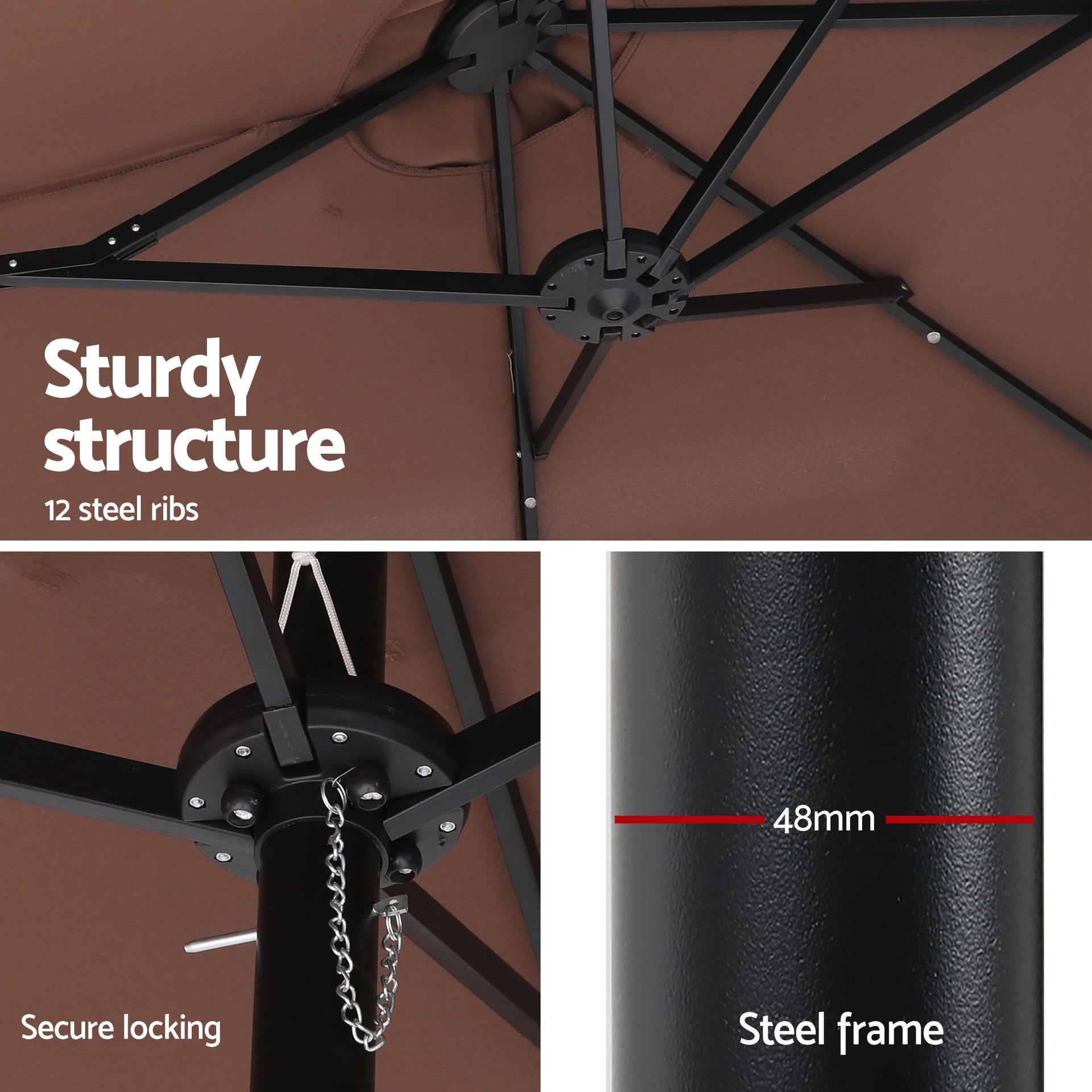 Instahut Outdoor Umbrella 4.57m Solar 48 LED Double-Sided Patio Parasol Brown Awezingly