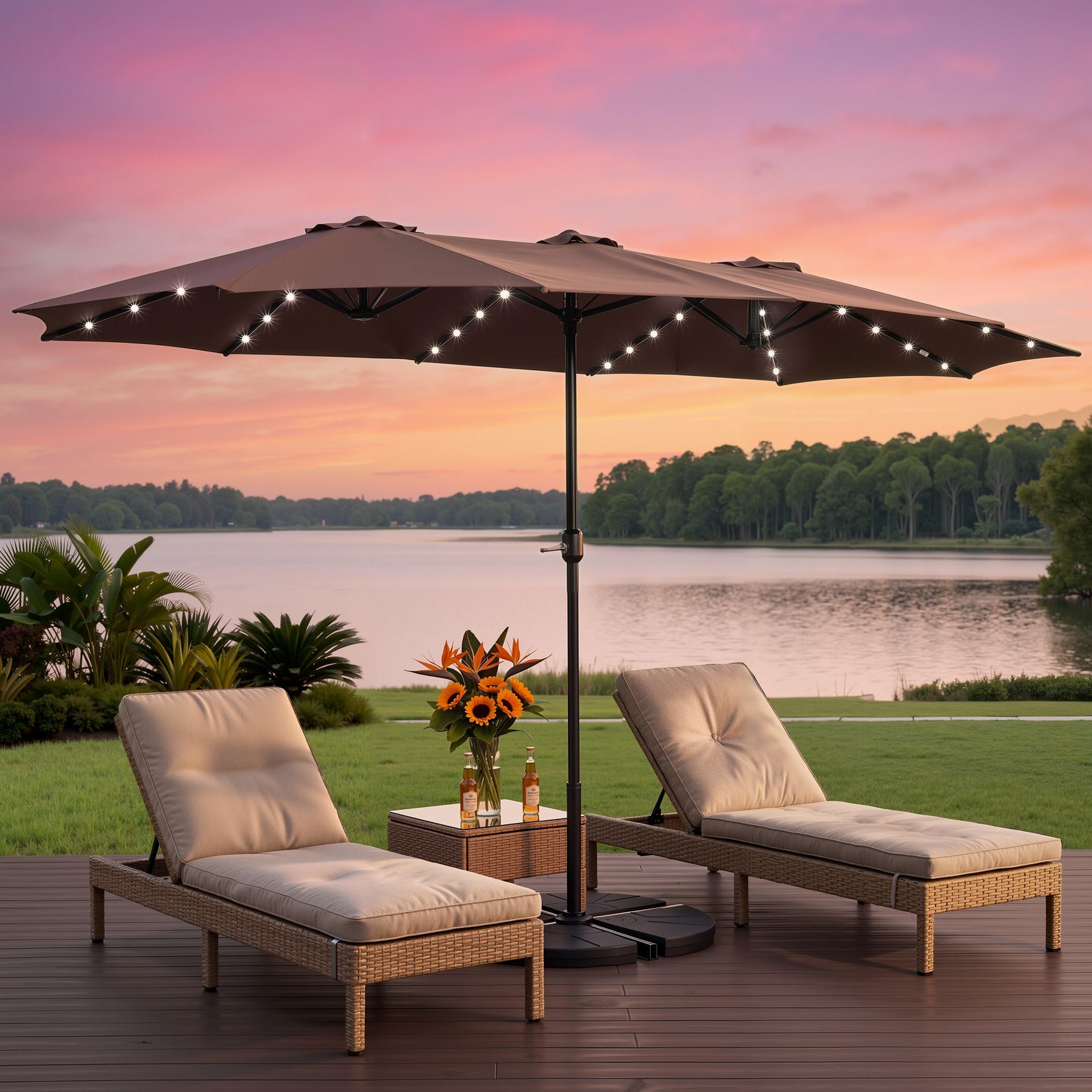 Instahut Outdoor Umbrella 4.57m Solar 48 LED Double-Sided Patio Parasol Brown Awezingly