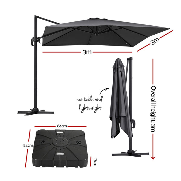Instahut Outdoor Umbrella w/Base 3m Cantilever Stand Sun Roma 360 Degree Charcoal Awezingly