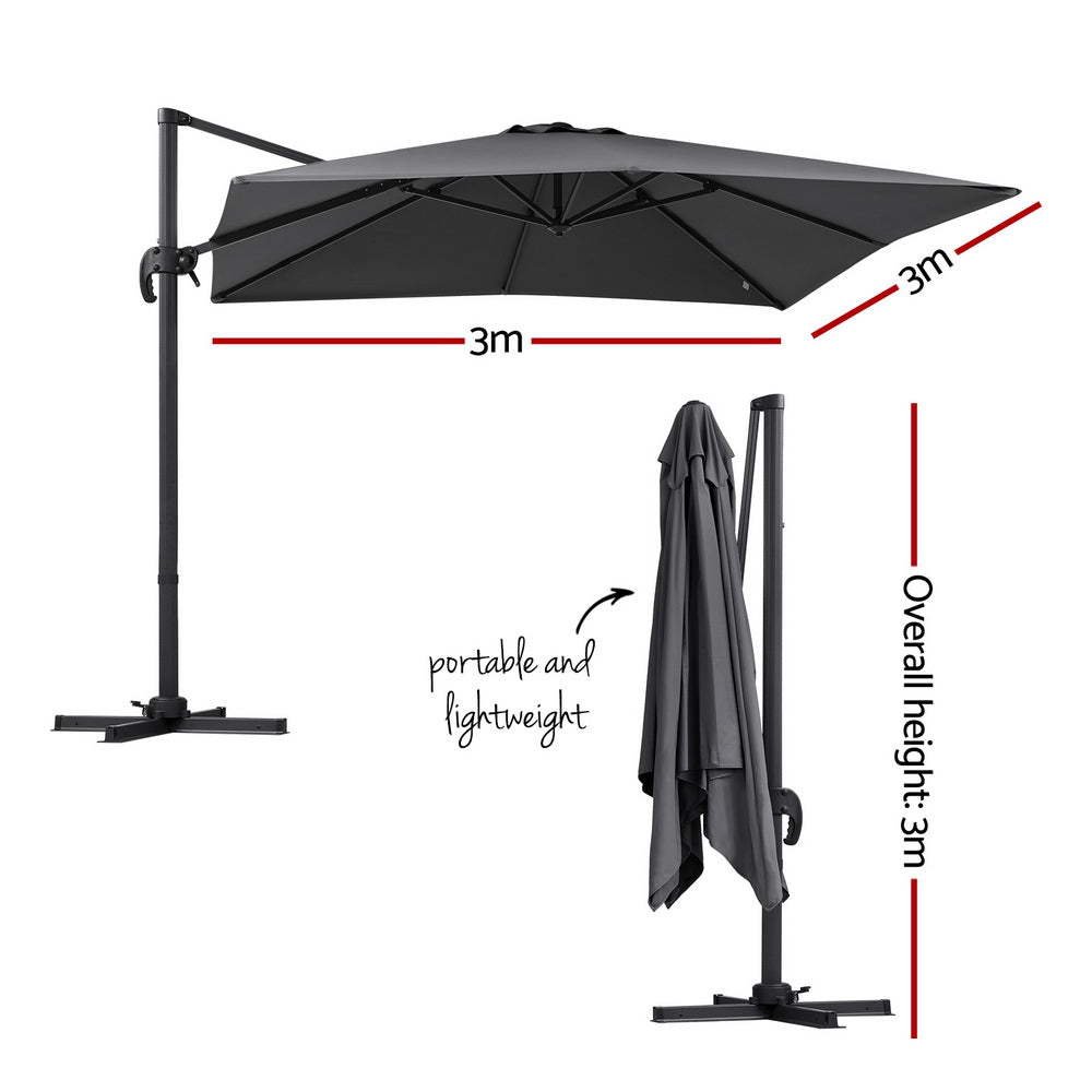 Instahut Outdoor Umbrella 3m Umbrellas Cantilever Stand Sun Roma 360 Degree Charcoal Awezingly