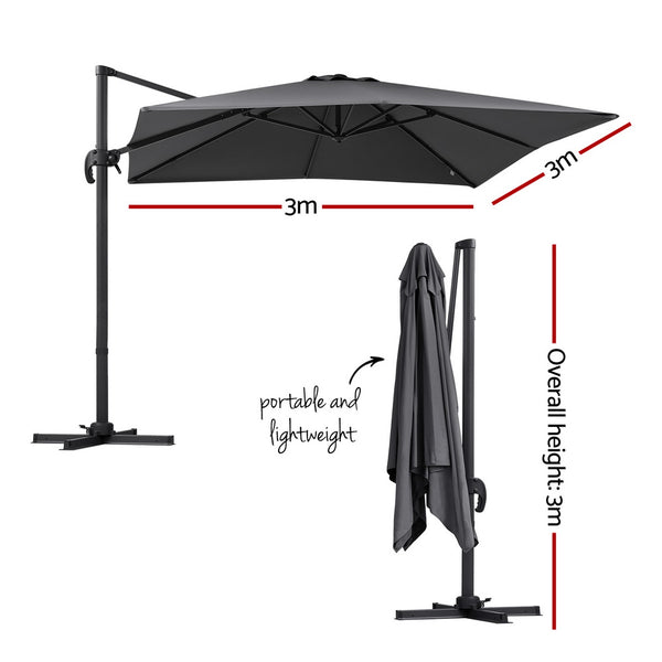 Instahut Outdoor Umbrella 3m Umbrellas Cantilever Stand Sun Roma 360 Degree Charcoal Awezingly