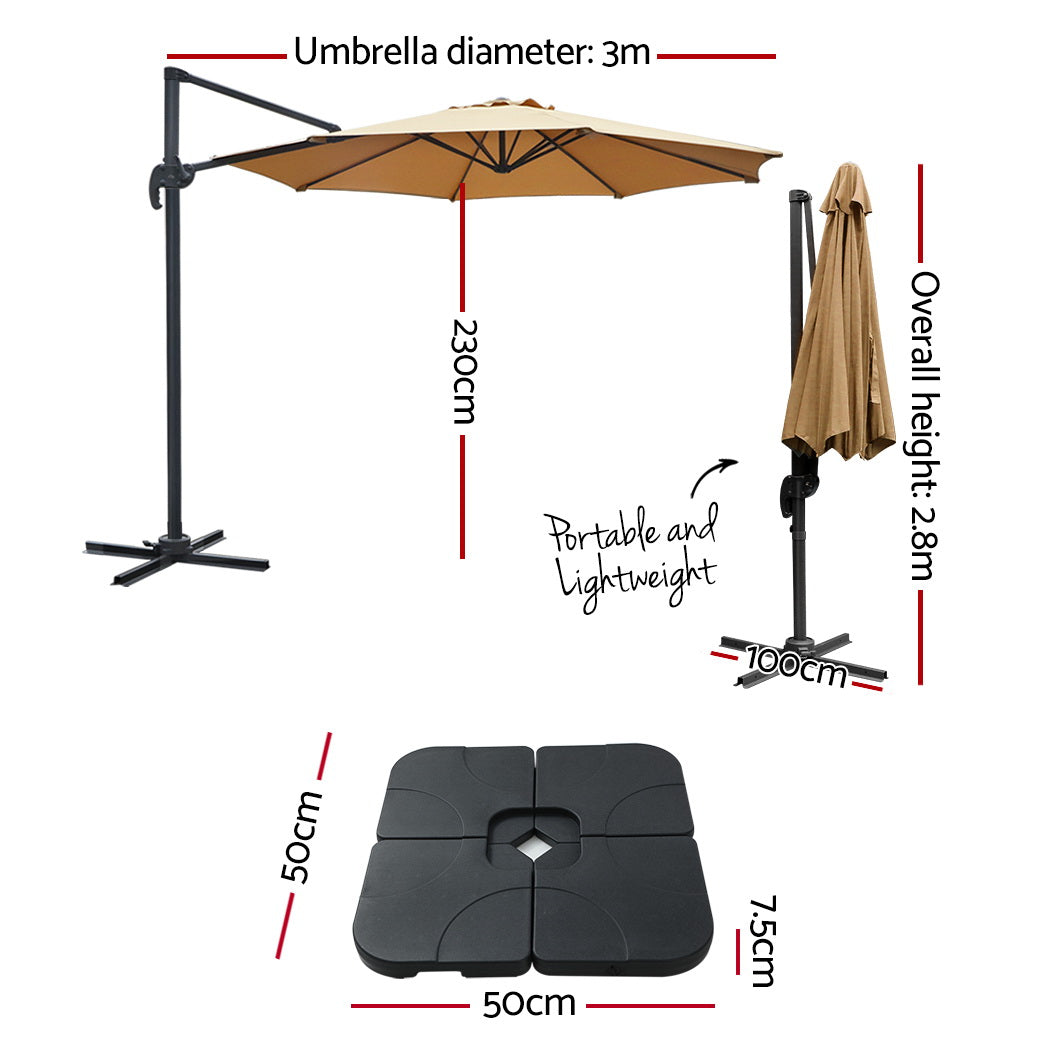 Instahut 3m Outdoor Umbrella w/Base Cantilever Beach Roma 360 Degree Tilt Beige Awezingly