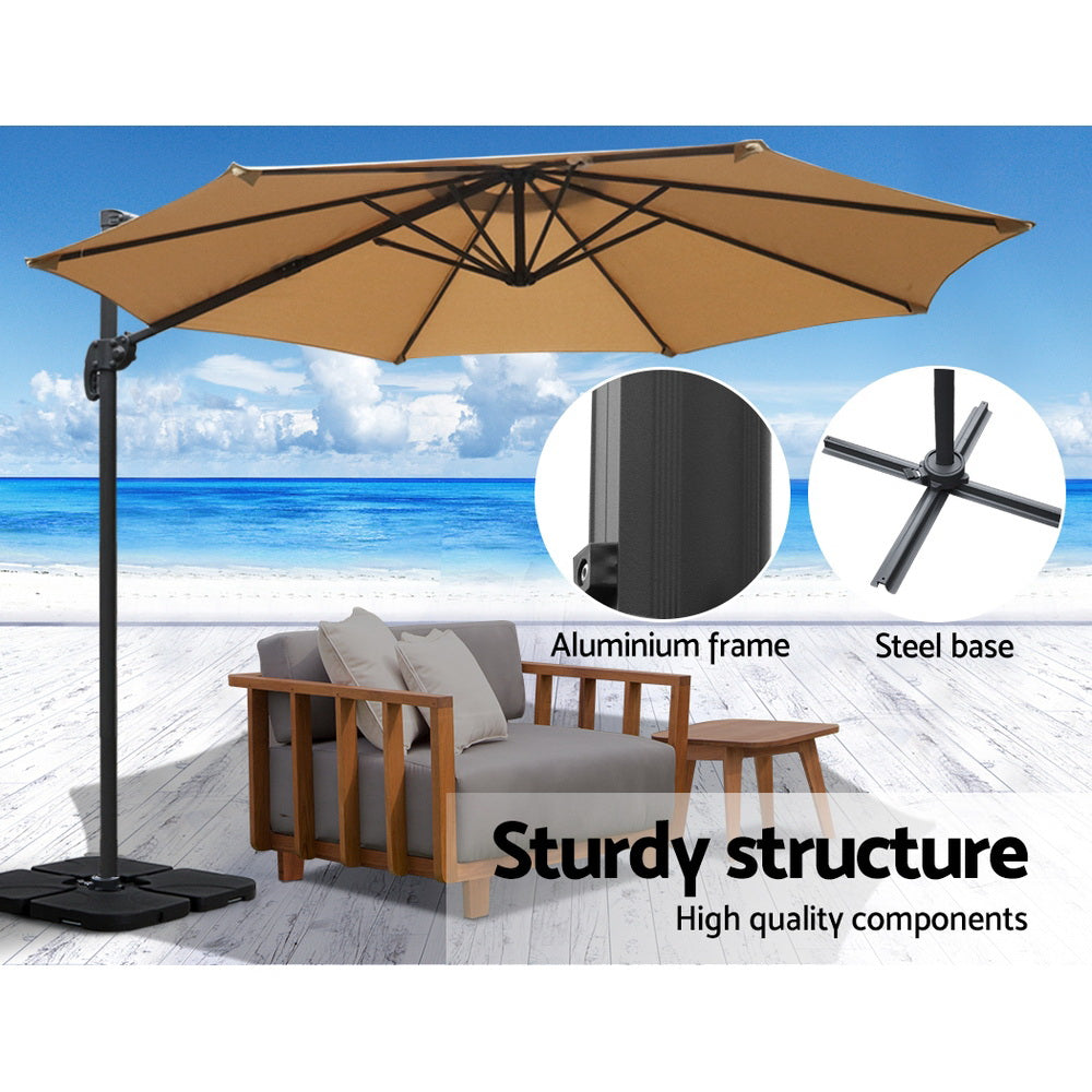 Instahut 3m Outdoor Umbrella w/Base Cantilever Beach Roma 360 Degree Tilt Beige Awezingly