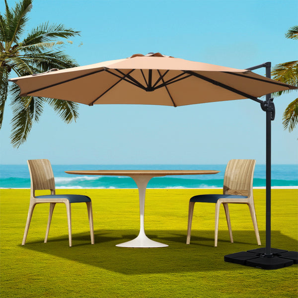 Instahut 3m Outdoor Umbrella w/Base Cantilever Beach Roma 360 Degree Tilt Beige Awezingly