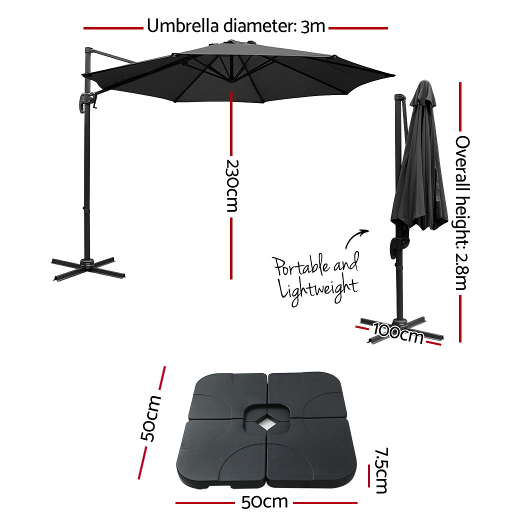 Instahut 3m Outdoor Umbrella w/Base Cantilever Beach Roma 360 Degree Tilt Black Awezingly