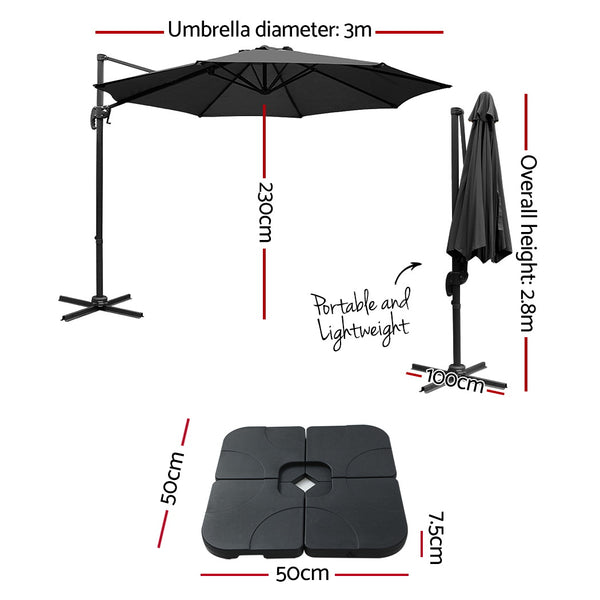 Instahut 3m Outdoor Umbrella w/Base Cantilever Beach Roma 360 Degree Tilt Black Awezingly