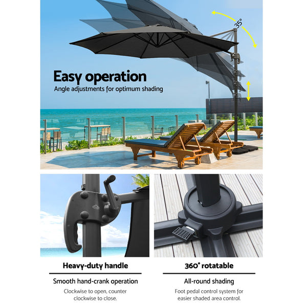 Instahut 3m Outdoor Umbrella w/Base Cantilever Beach Roma 360 Degree Tilt Black Awezingly