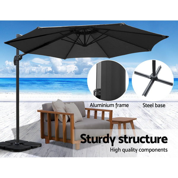 Instahut 3m Outdoor Umbrella w/Base Cantilever Beach Roma 360 Degree Tilt Black Awezingly