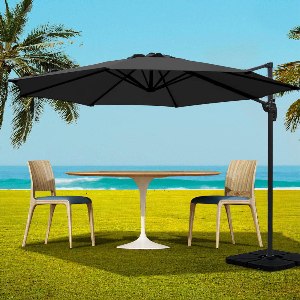 Instahut 3m Outdoor Umbrella w/Base Cantilever Beach Roma 360 Degree Tilt Black Awezingly