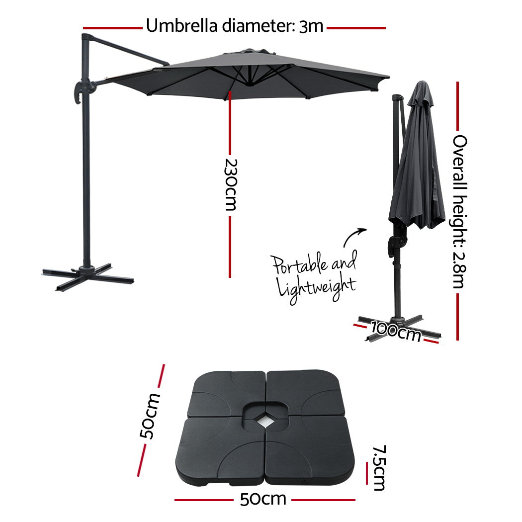 Instahut 3m Outdoor Umbrella w/Base Cantilever Beach Roma 360 Degree Tilt Charcoal Awezingly