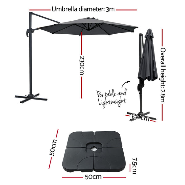 Instahut 3m Outdoor Umbrella w/Base Cantilever Beach Roma 360 Degree Tilt Charcoal Awezingly