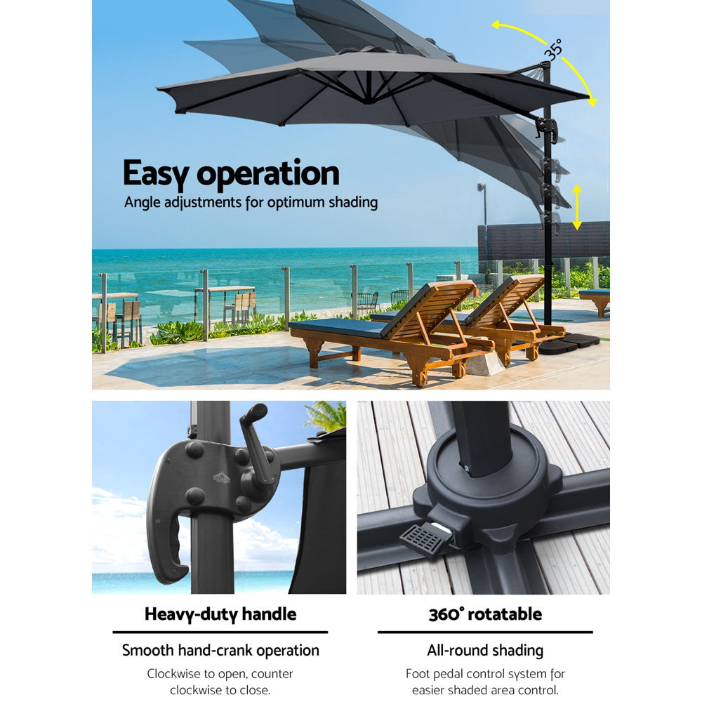 Instahut 3m Outdoor Umbrella w/Base Cantilever Beach Roma 360 Degree Tilt Charcoal Awezingly