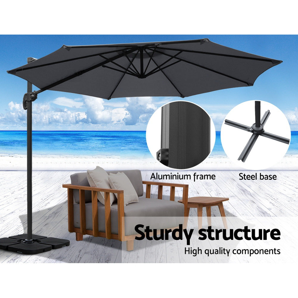 Instahut 3m Outdoor Umbrella w/Base Cantilever Beach Roma 360 Degree Tilt Charcoal Awezingly