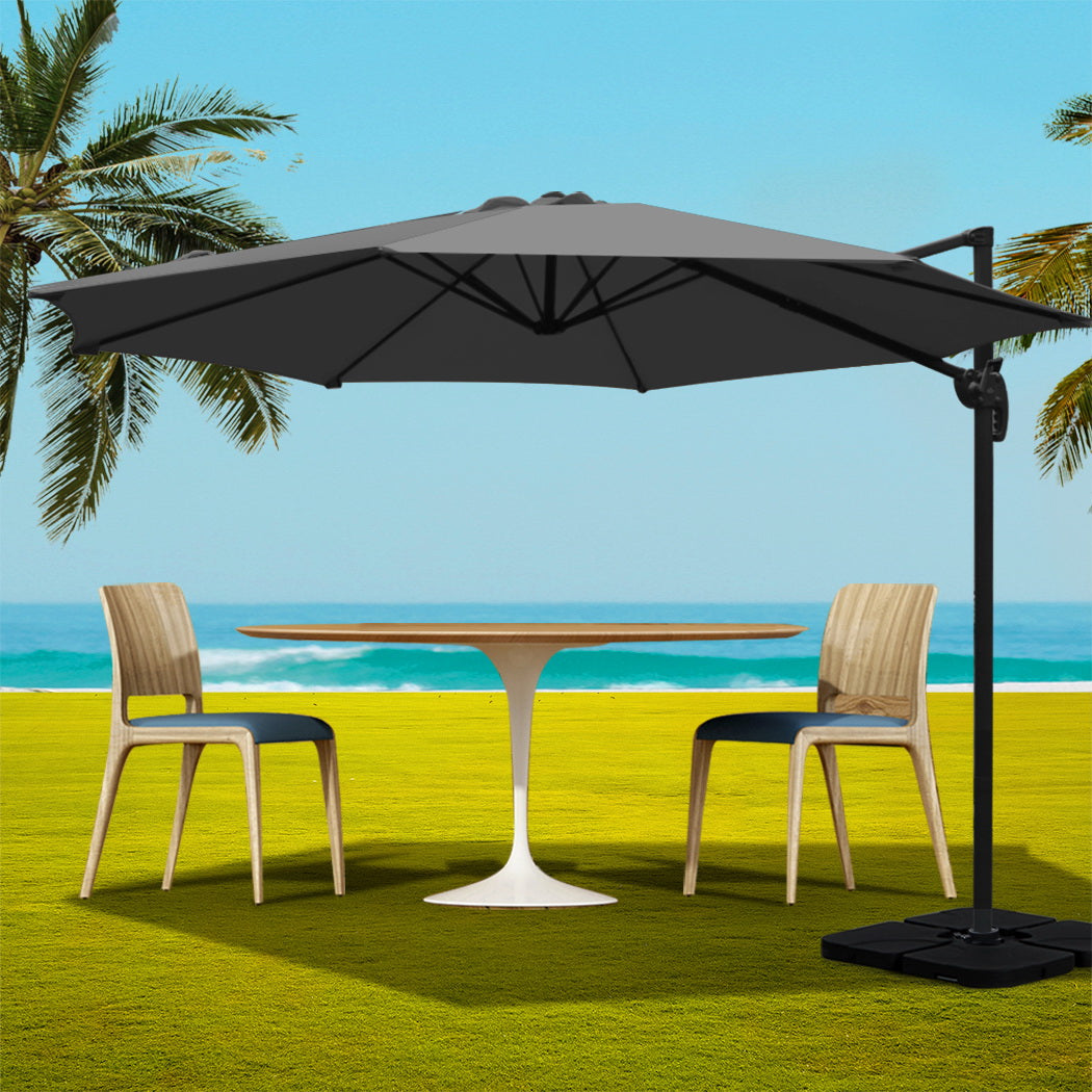 Instahut 3m Outdoor Umbrella w/Base Cantilever Beach Roma 360 Degree Tilt Charcoal Awezingly