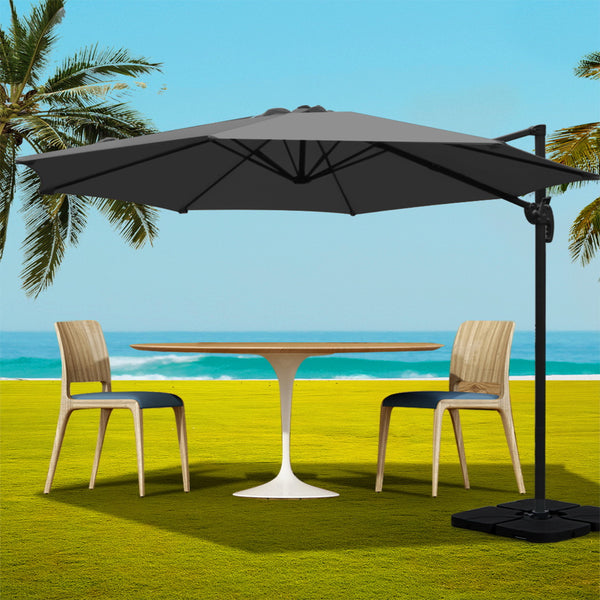 Instahut 3m Outdoor Umbrella w/Base Cantilever Beach Roma 360 Degree Tilt Charcoal Awezingly