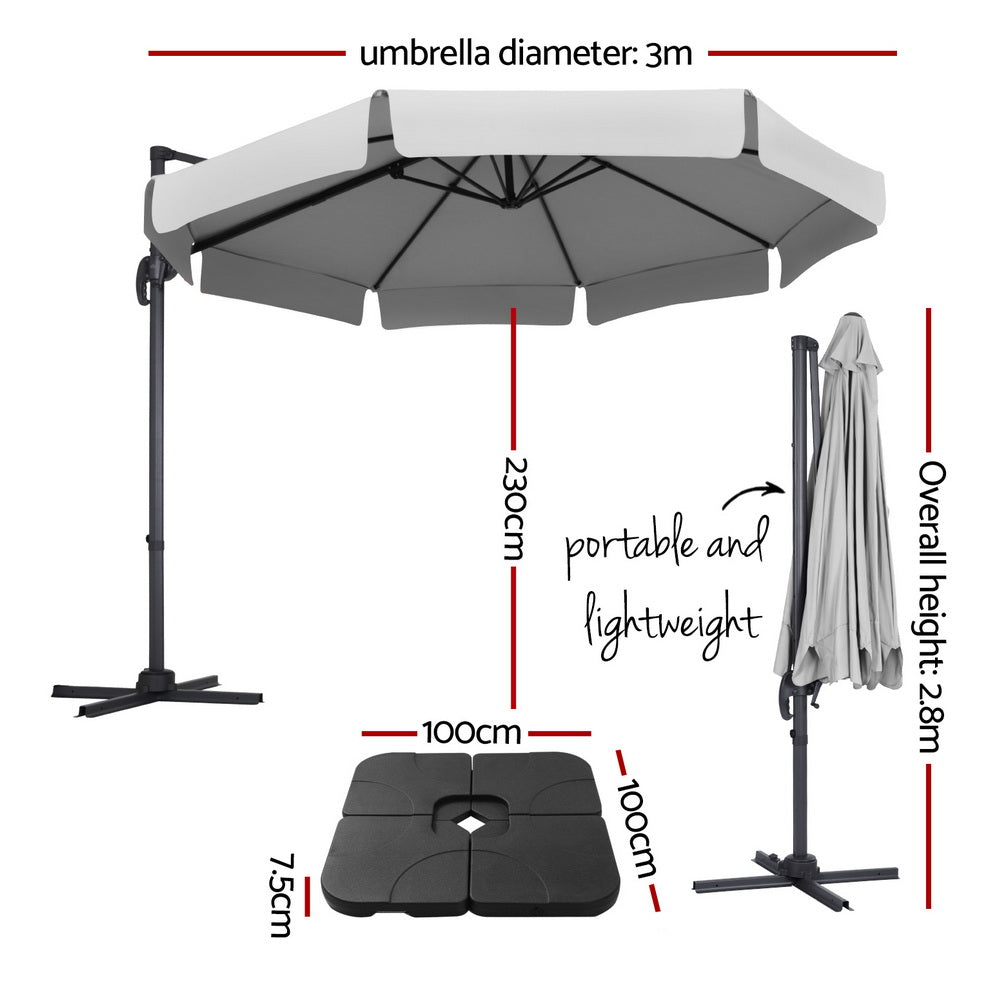 Instahut 3m Outdoor Umbrella w/Base Cantilever Beach Roma 360 Degree Tilt Grey Instahut