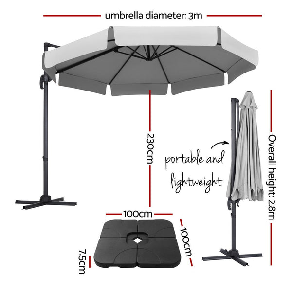 Instahut 3m Outdoor Umbrella w/Base Cantilever Beach Roma 360 Degree Tilt Grey Instahut
