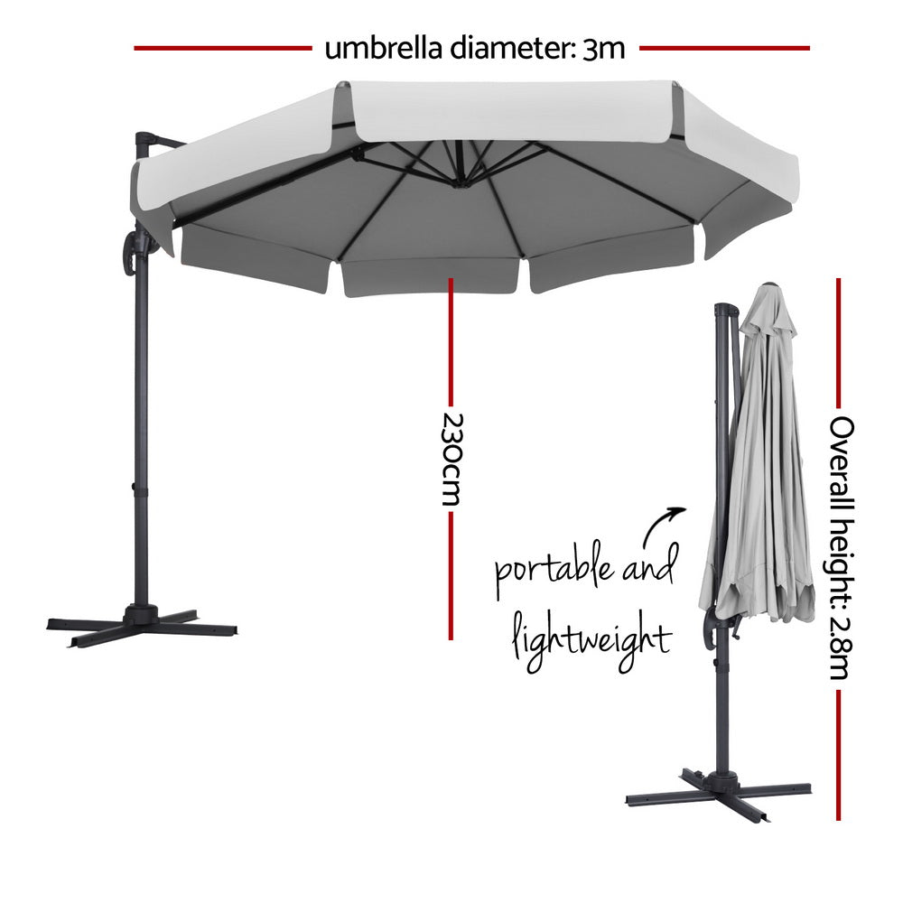 Instahut 3m Outdoor Umbrella Cantilever 360 Degree Tilt Beach Roma Grey Instahut
