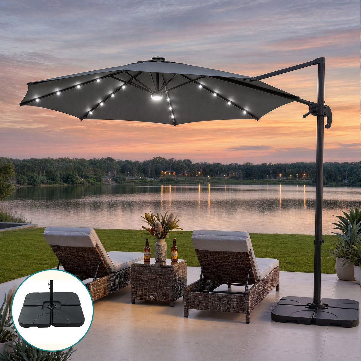Instahut Outdoor Umbrella w/Base 3m Solar LED Offset Cantilever Patio Parasol Charcoal Awezingly