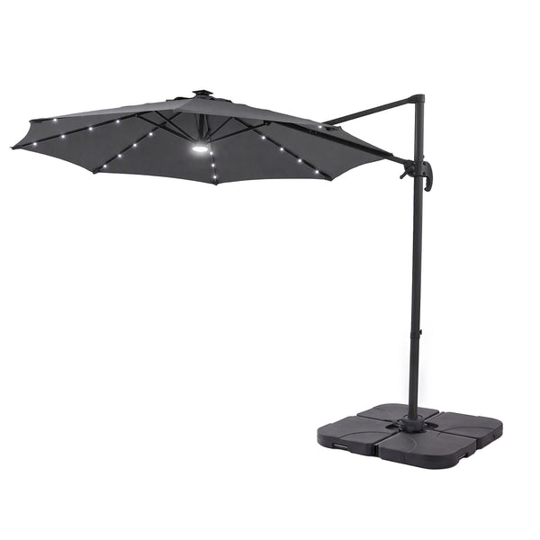 Instahut Outdoor Umbrella w/Base 3m Solar LED Offset Cantilever Patio Parasol Charcoal Awezingly