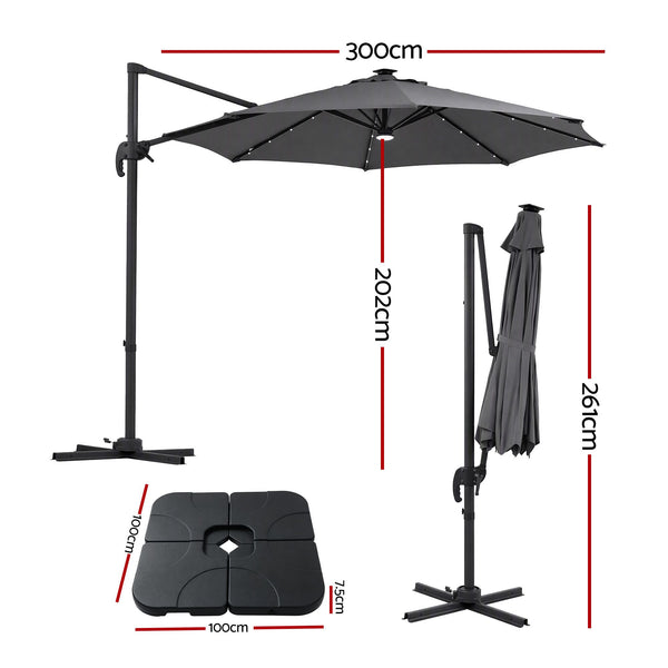 Instahut Outdoor Umbrella w/Base 3m Solar LED Offset Cantilever Patio Parasol Charcoal Awezingly