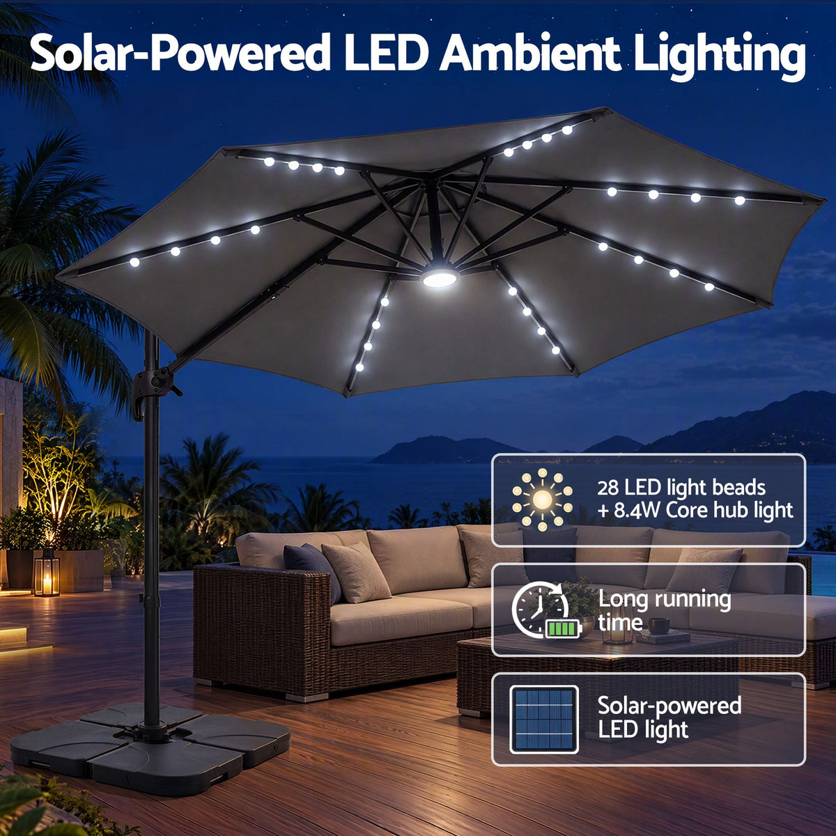 Instahut Outdoor Umbrella w/Base 3m Solar LED Offset Cantilever Patio Parasol Charcoal Awezingly