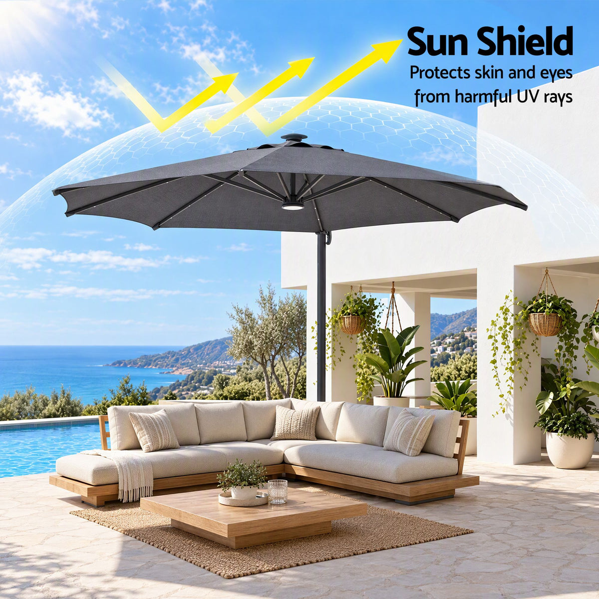 Instahut Outdoor Umbrella w/Base 3m Solar LED Offset Cantilever Patio Parasol Charcoal Awezingly