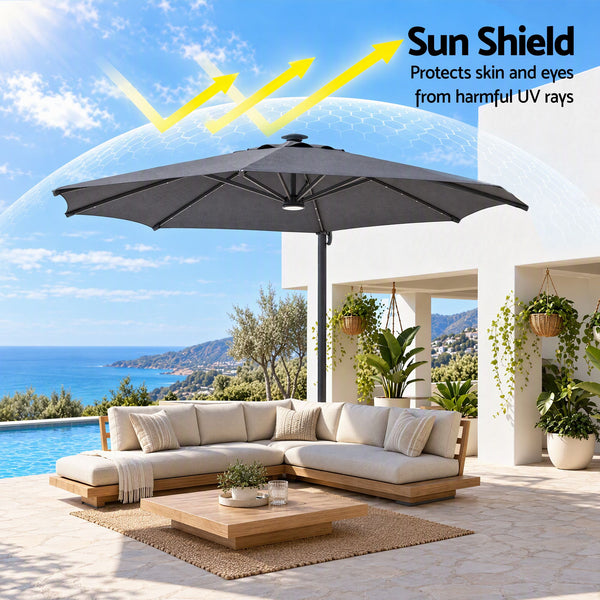 Instahut Outdoor Umbrella w/Base 3m Solar LED Offset Cantilever Patio Parasol Charcoal Awezingly
