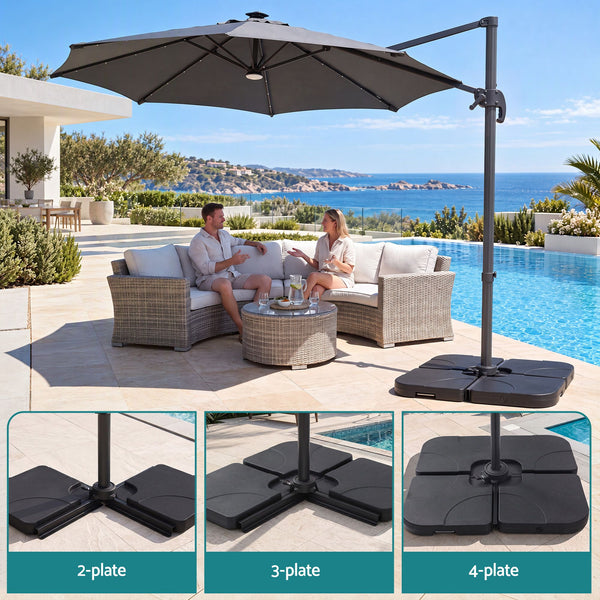 Instahut Outdoor Umbrella w/Base 3m Solar LED Offset Cantilever Patio Parasol Charcoal Awezingly