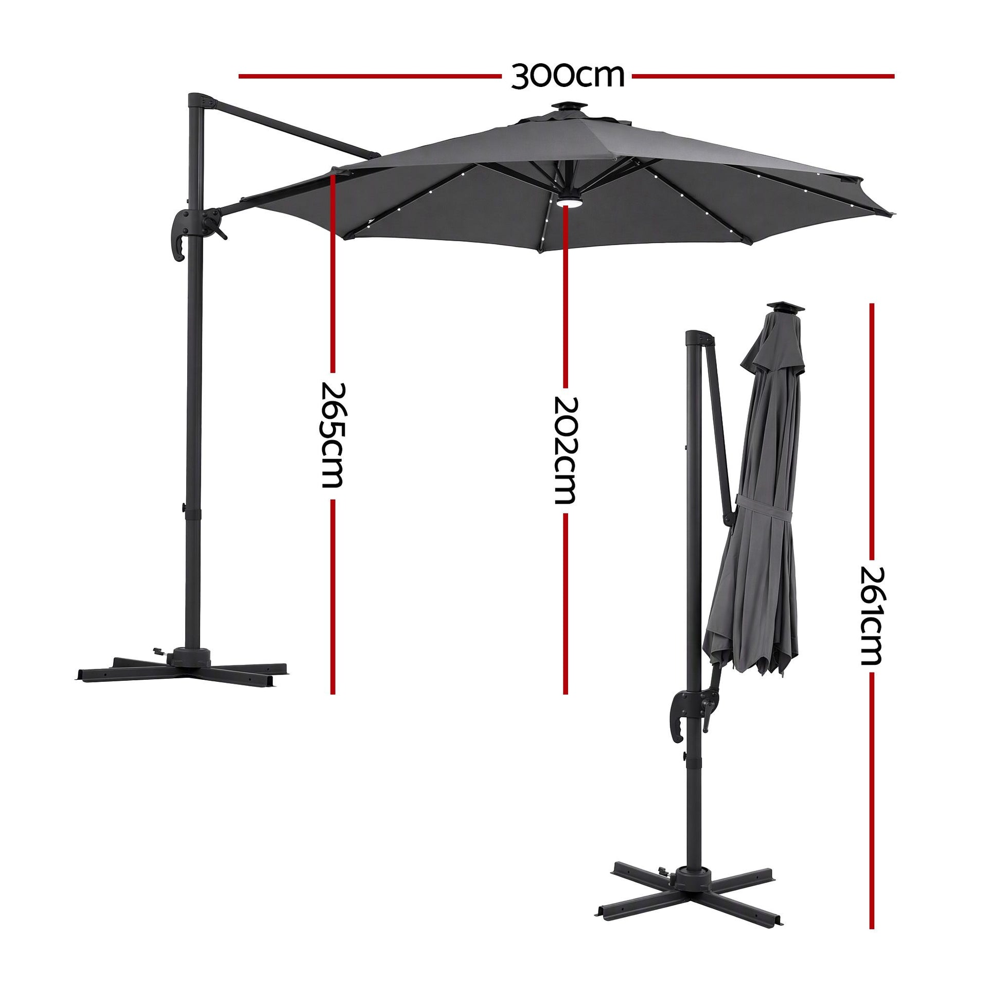 Instahut Outdoor Umbrella 3m Solar LED Offset Cantilever Patio Parasol Charcoal Awezingly