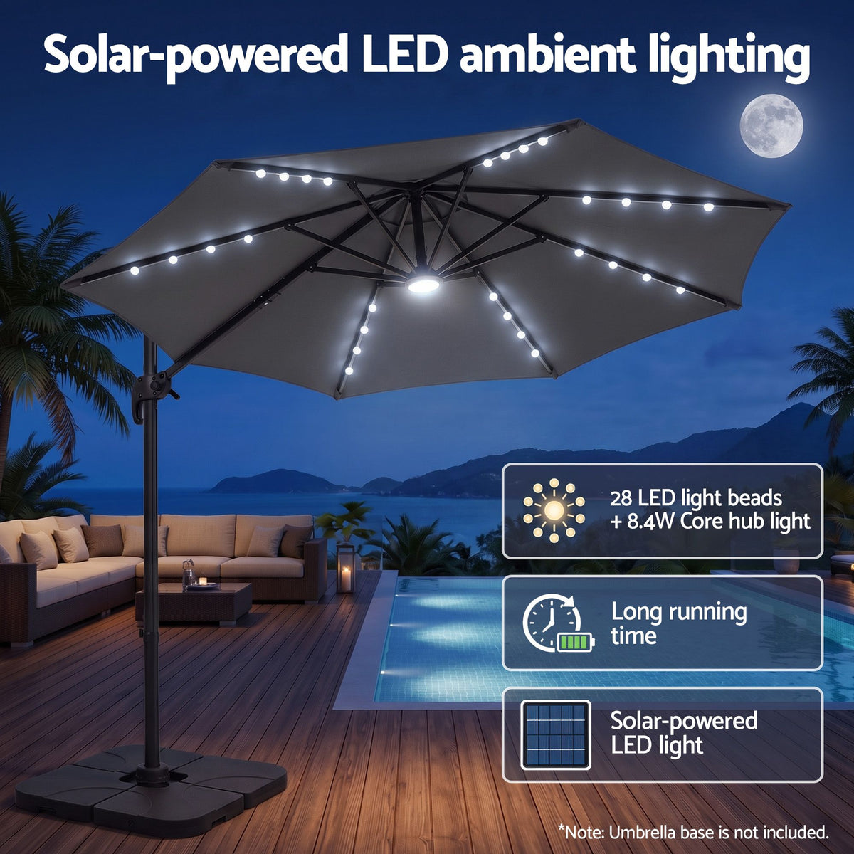 Instahut Outdoor Umbrella 3m Solar LED Offset Cantilever Patio Parasol Charcoal Awezingly